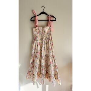 Petal and Pup Pink + Cream Floral Print Shoulder Tie Tiered Midi Dress Large